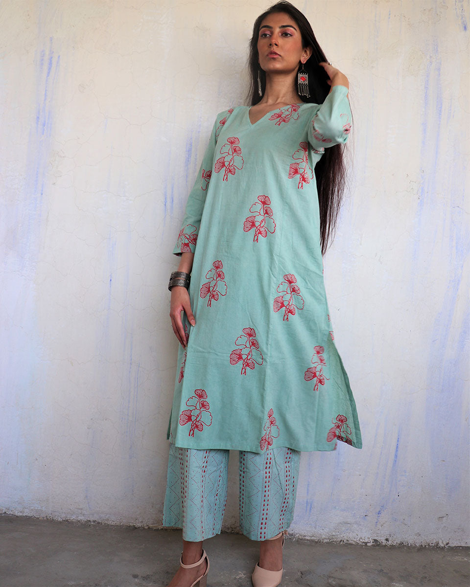 Mint Blossom Pure Cotton Block Printed Kurta - LD