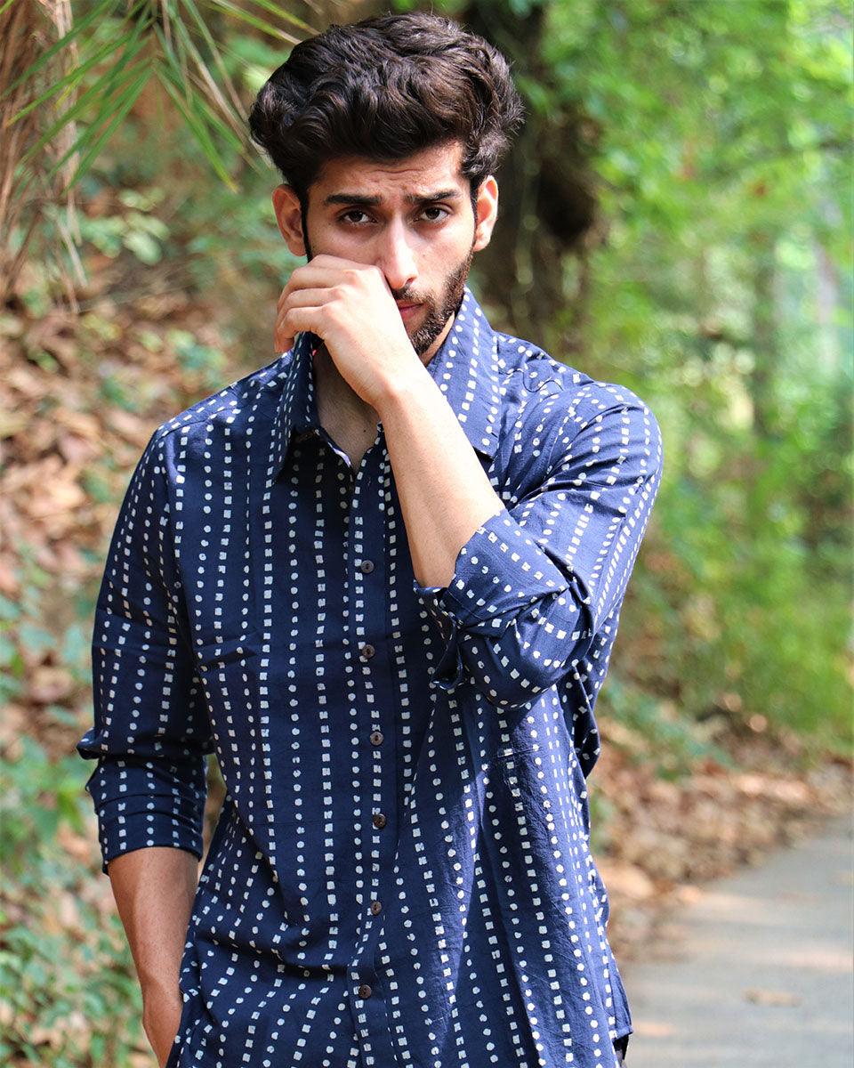 Midnight Blue Block Printed Cotton Shirt