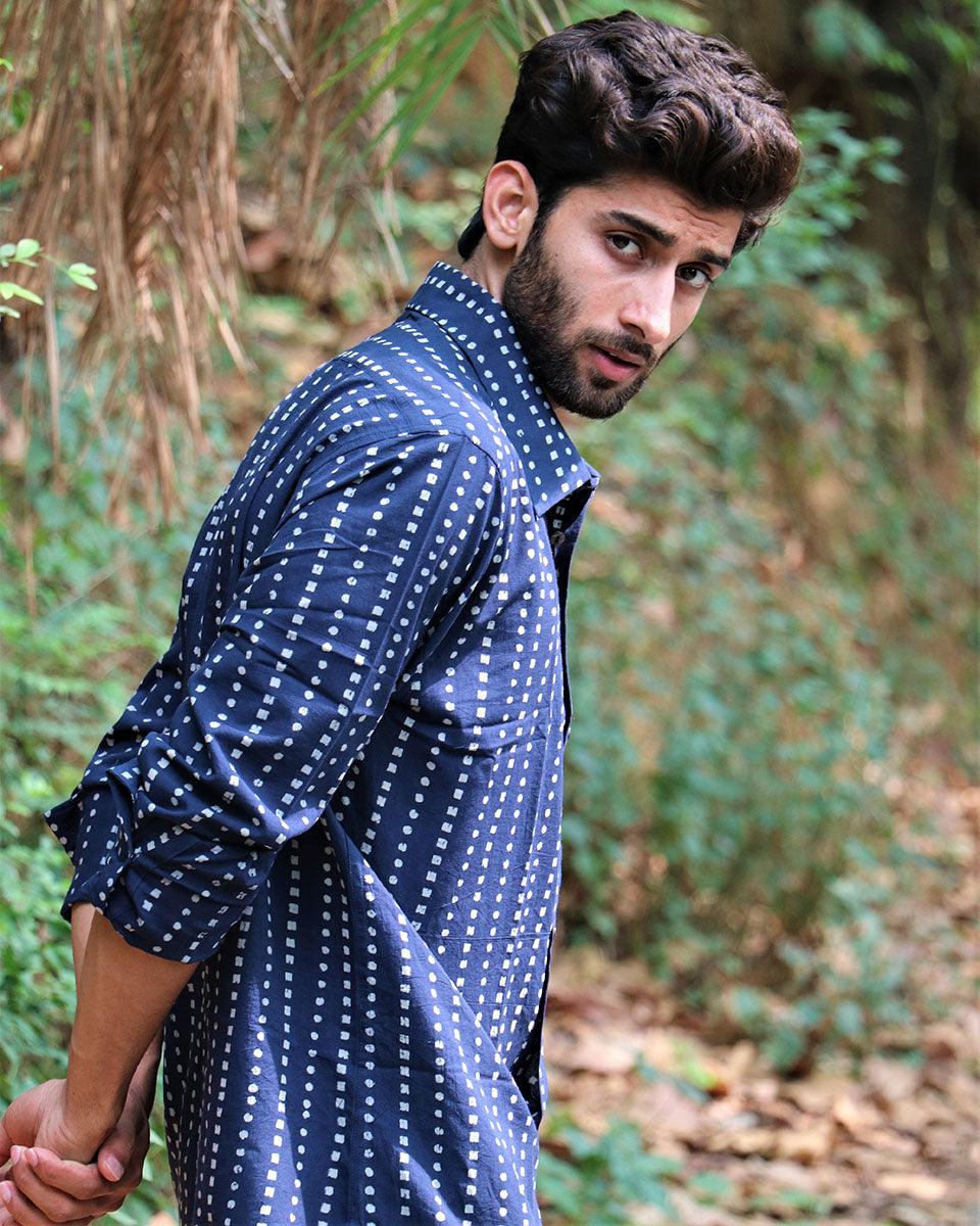 Midnight Blue Block Printed Cotton Shirt
