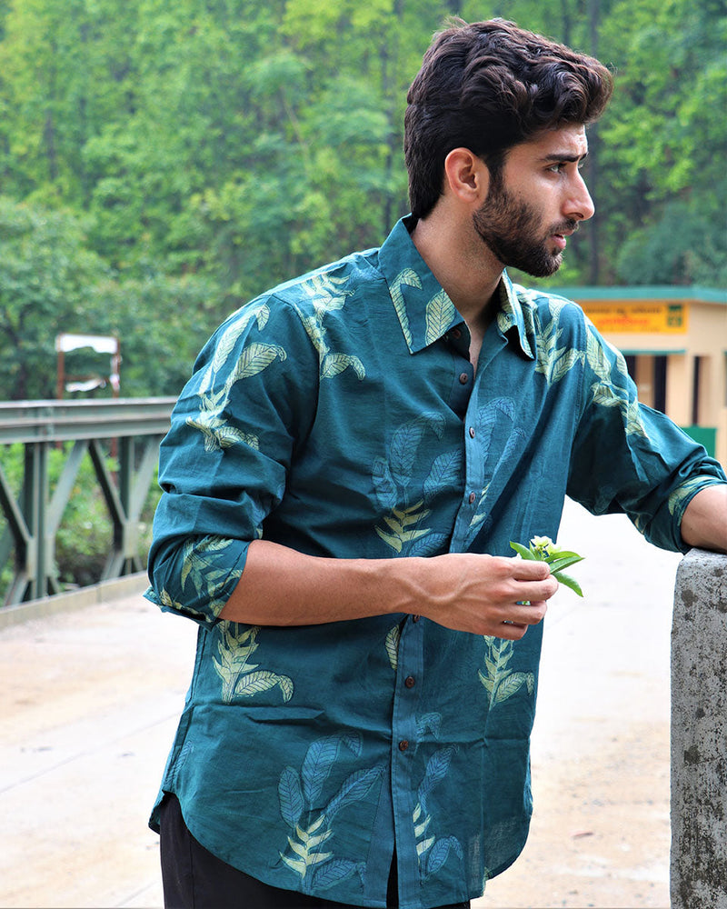 Forest Green Leaf Block Printed Cotton Shirt