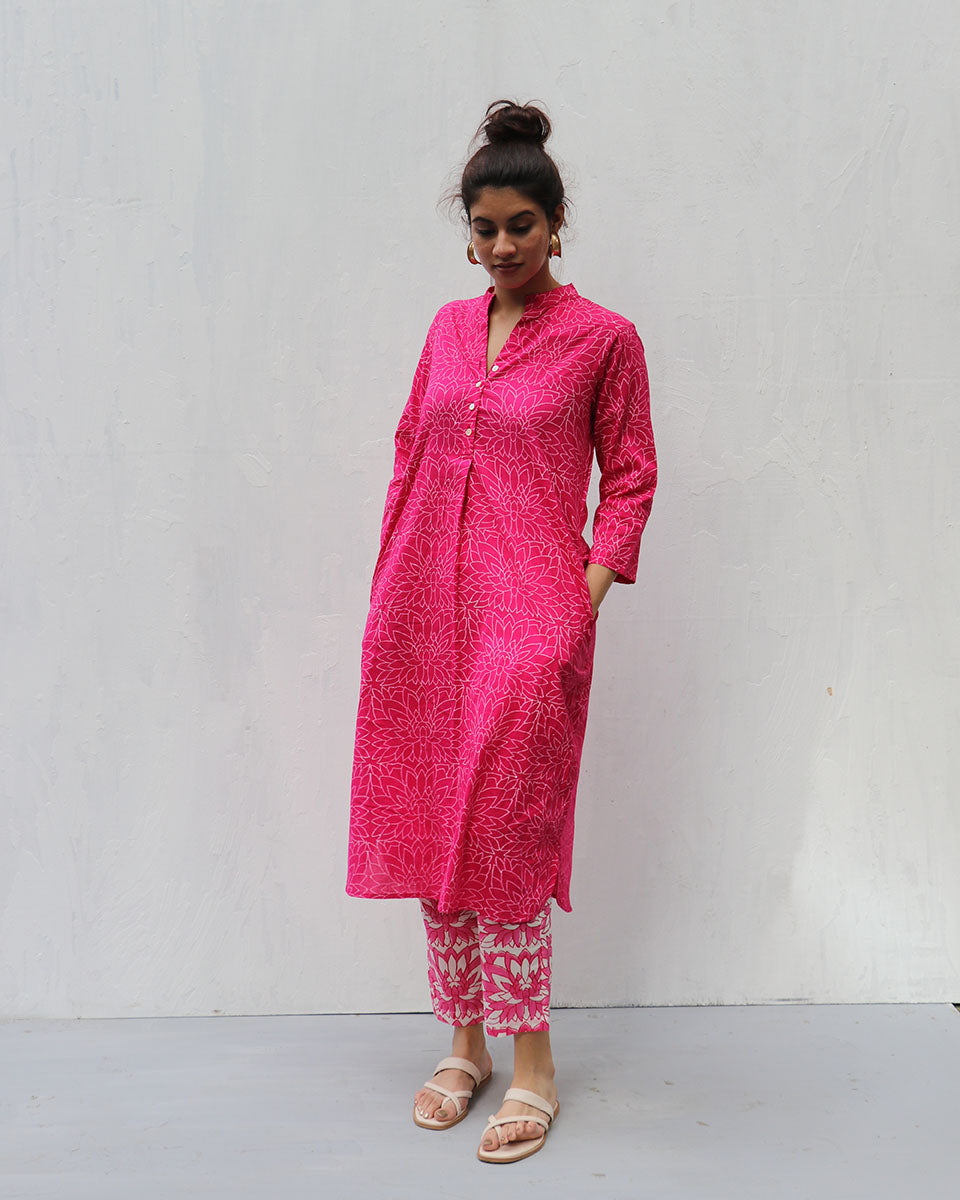 Zivya Charm Pink Handblock Cotton Kurta-LD