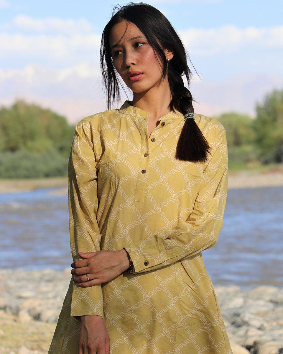 Morning Glow Mustard Block Printed Cotton Kurta - LD