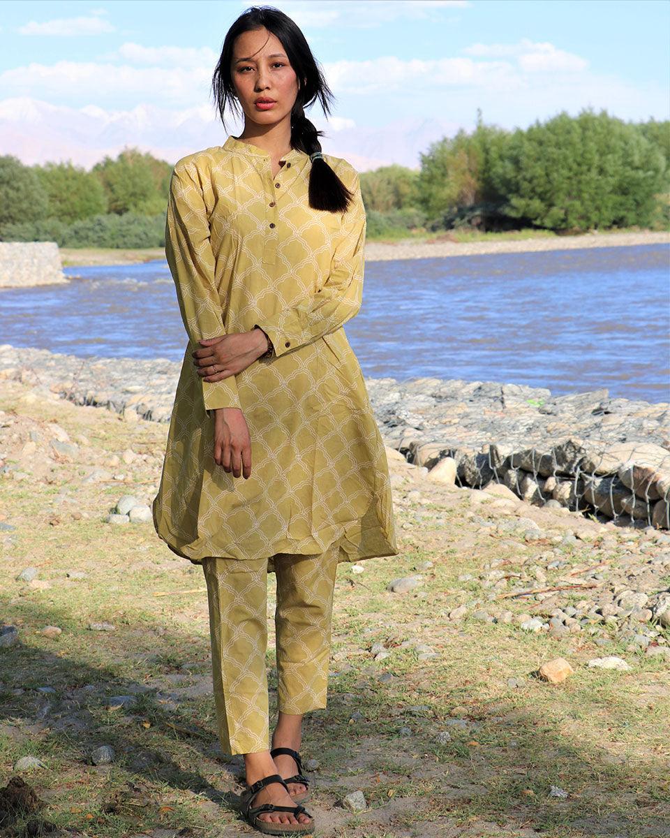 Morning Glow Mustard Block Printed Cotton Kurta - LD