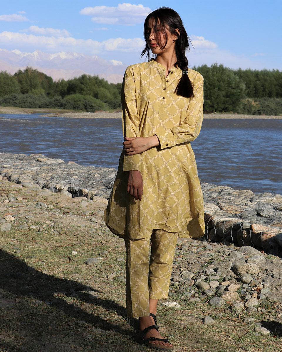 Morning Glow Mustard Block Printed Cotton Kurta - LD
