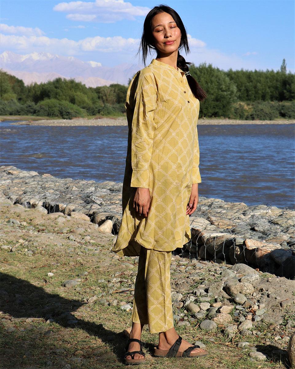 Morning Glow Mustard Block Printed Cotton Kurta - LD