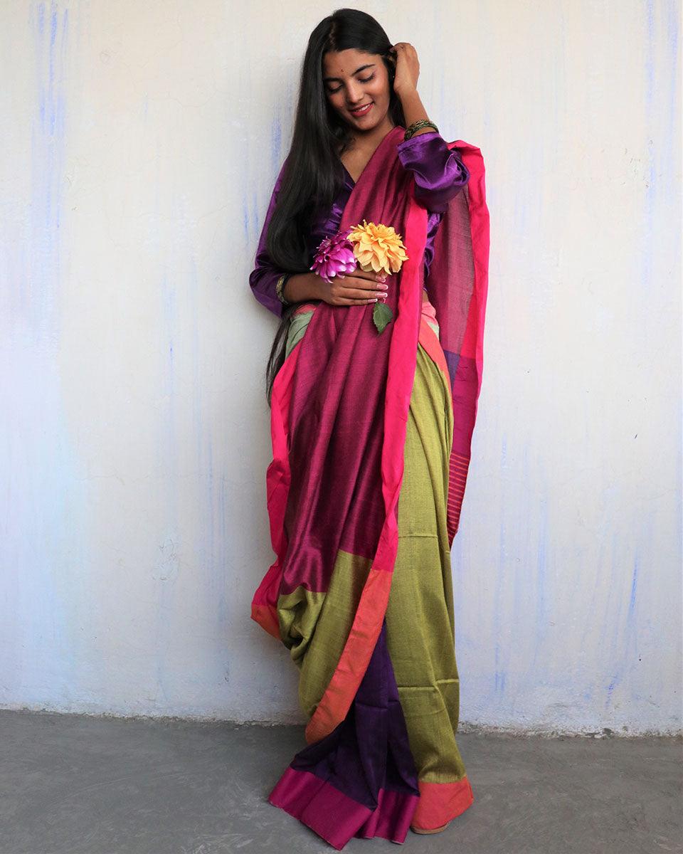 Ahona Handwoven Pure Cotton Viscose Saree - Holi