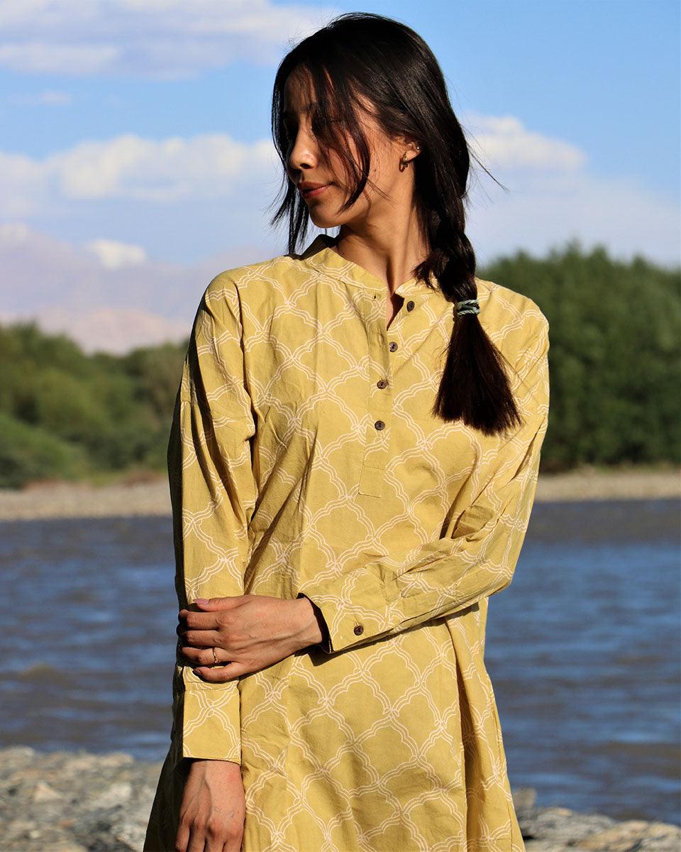 Morning Glow Mustard Block Printed Cotton Kurta - LD