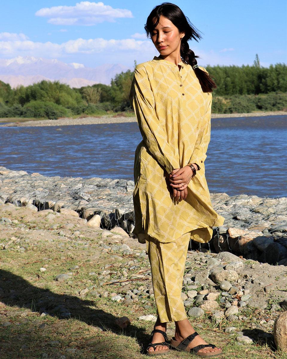 Morning Glow Mustard Block Printed Cotton Kurta - LD