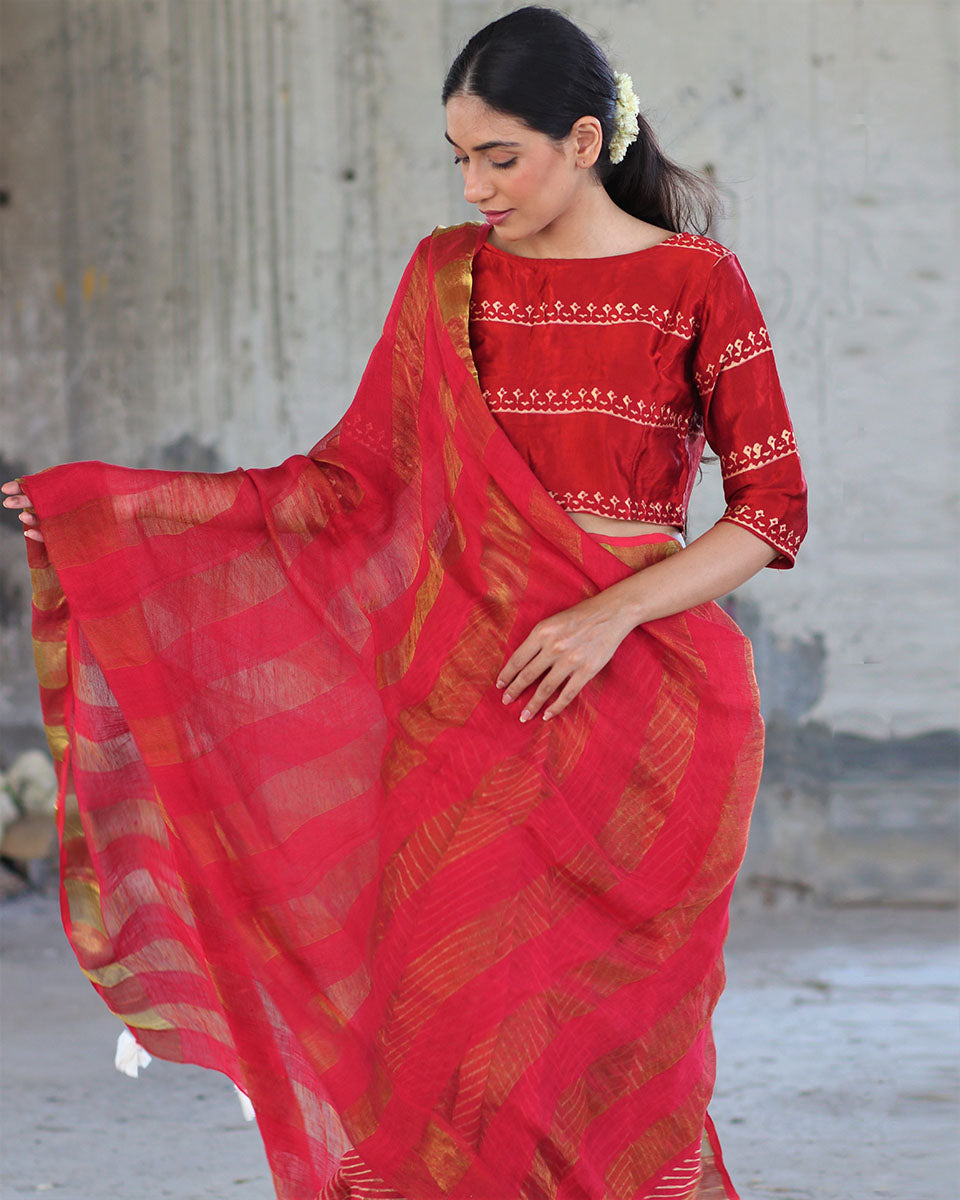 Linen zari saree | Linen saree | Linen saree online | Chidiyaa