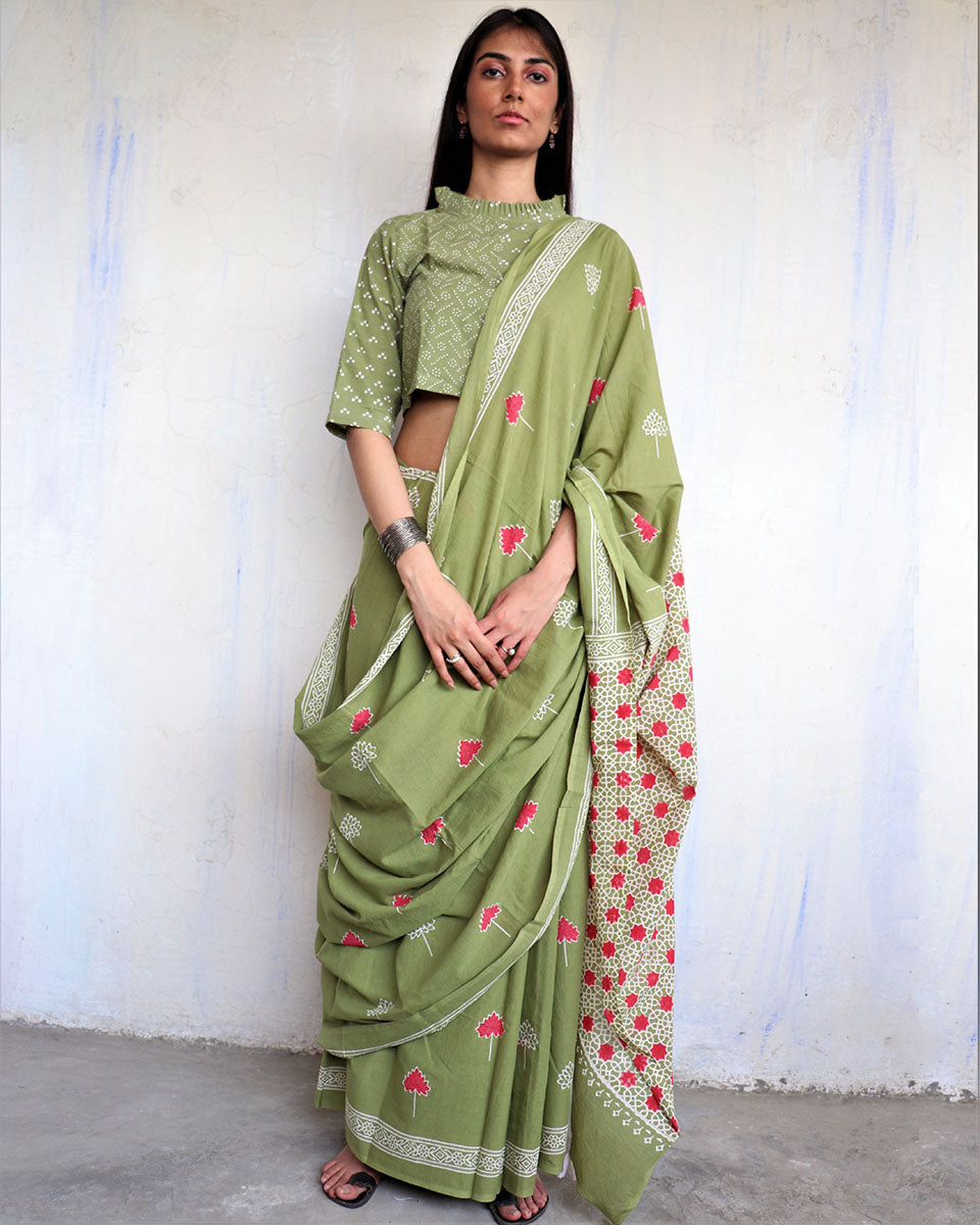Aaina Handblockprinted Cotton Saree Ajooni