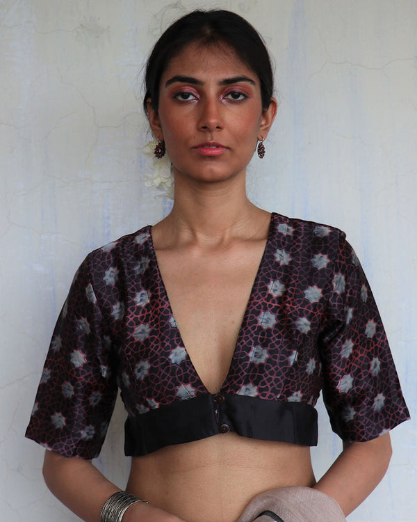 Parveen Black Hand Blockprinted Mashru Silk Blouse-Yesterday