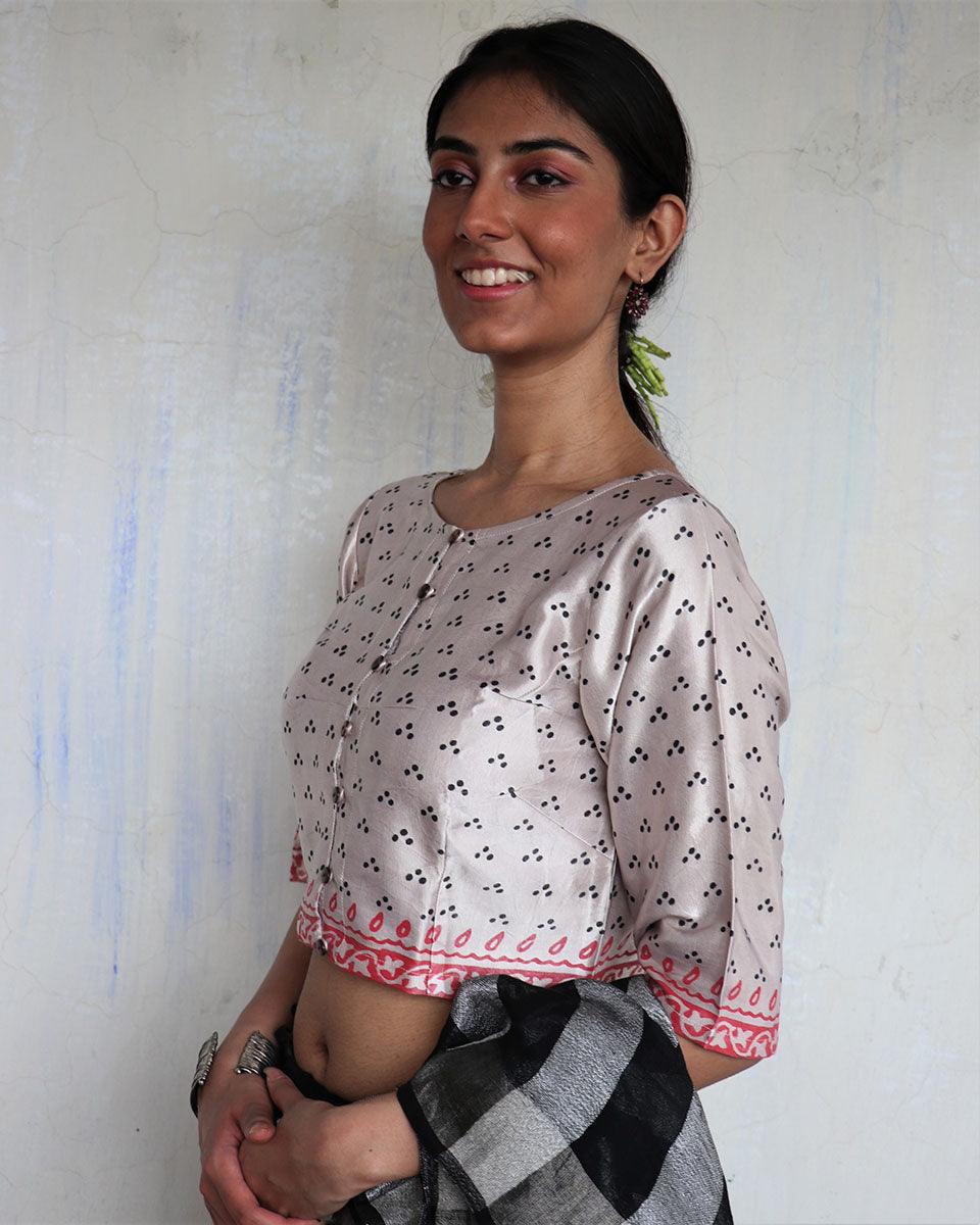 Noor Ivory Hand Blockprinted Mashru Silk Blouse-Yesterday