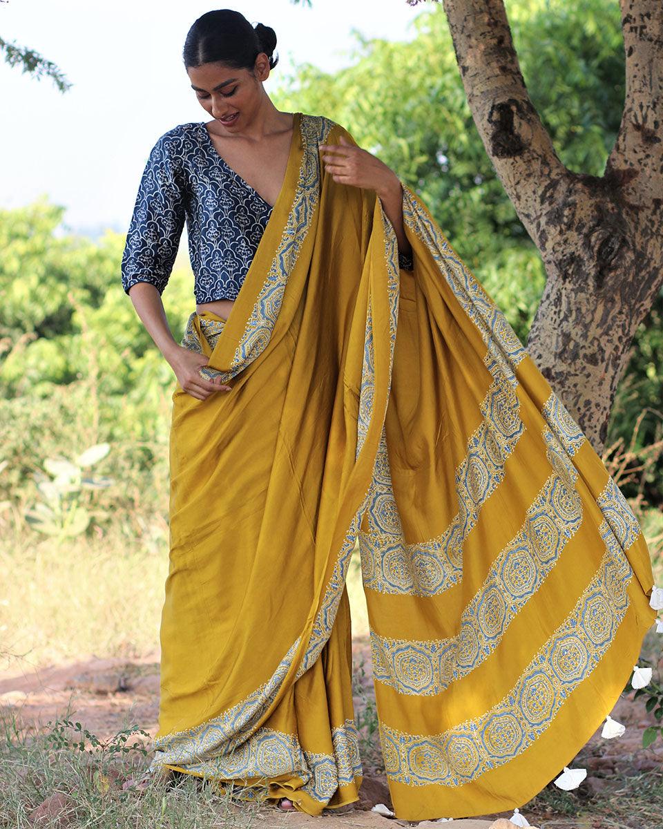 Mustard Blockprinted Modal Silk Saree - Rang