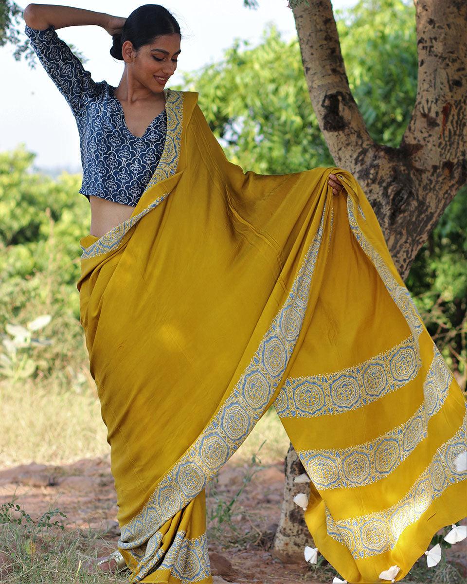 Mustard Blockprinted Modal Silk Saree - Rang