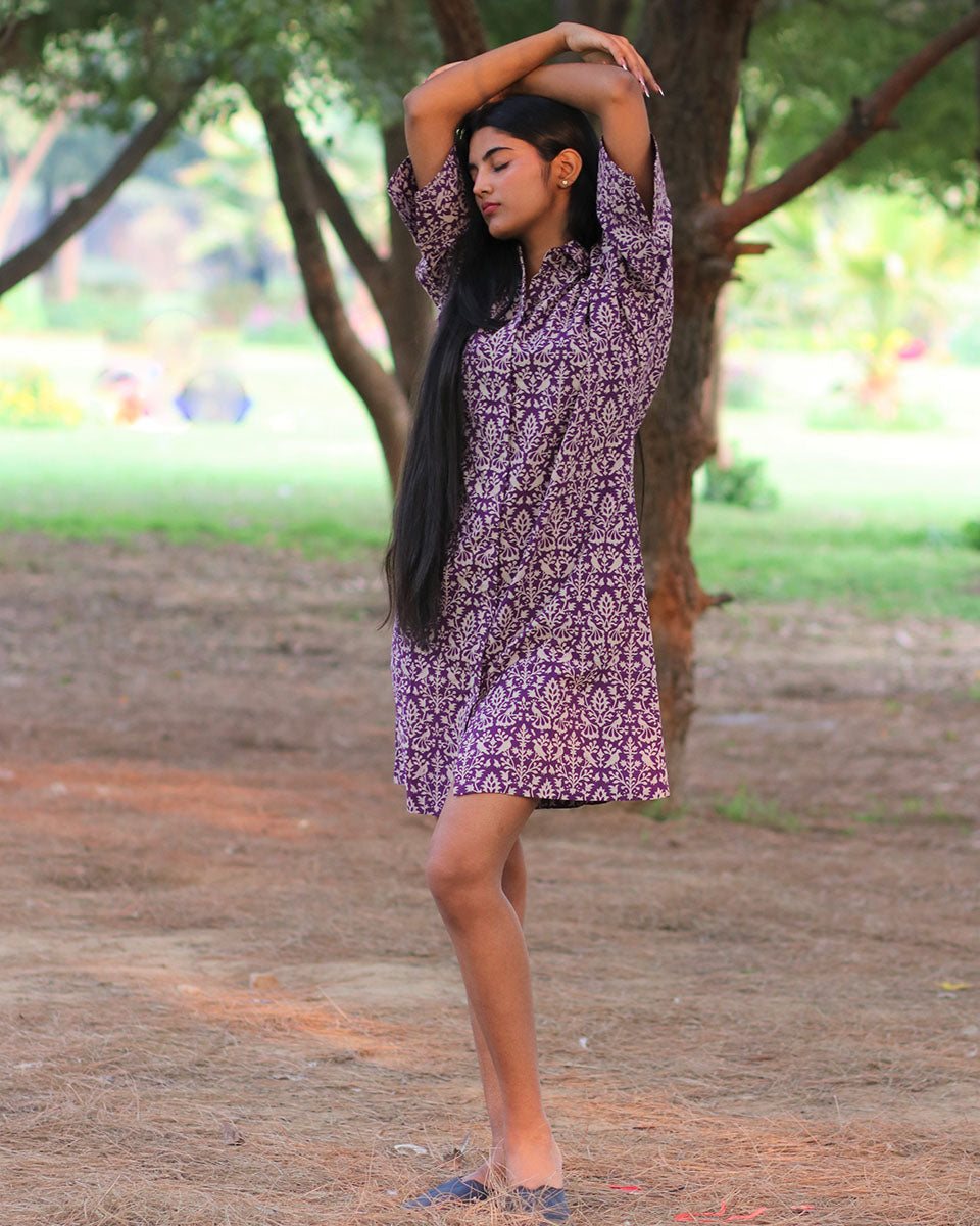 Purple Jal Handprinted Pure Cotton Dress-Slow