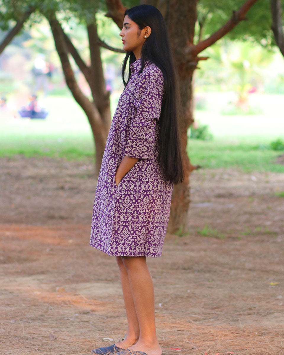Purple Jal Handprinted Pure Cotton Dress-Slow