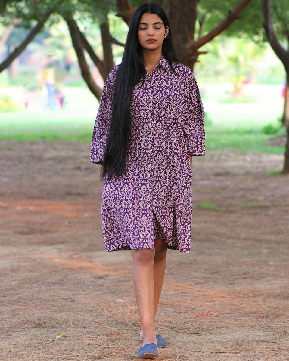 Purple Jal Handprinted Pure Cotton Dress-Slow