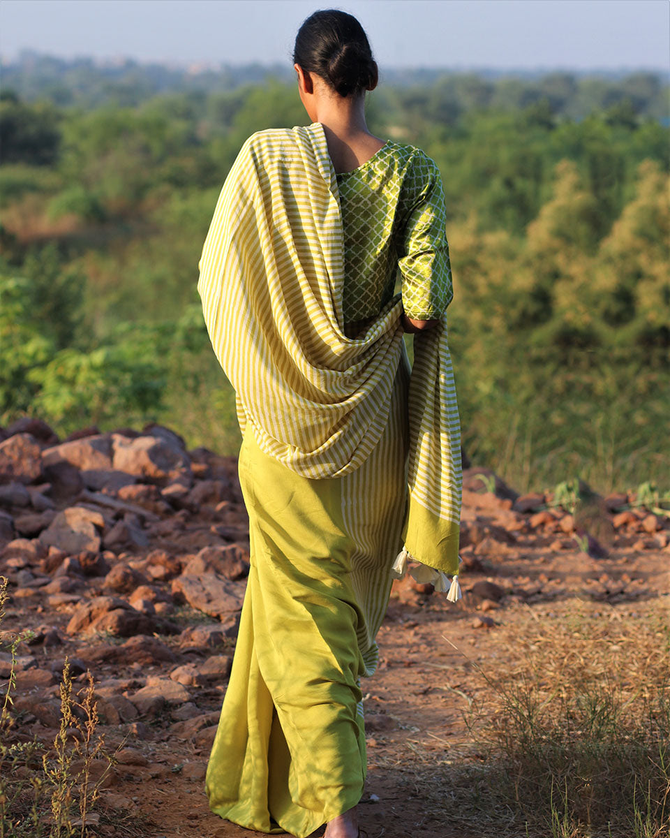 Parrot Green Blockprinted Modal Silk Saree - Rang