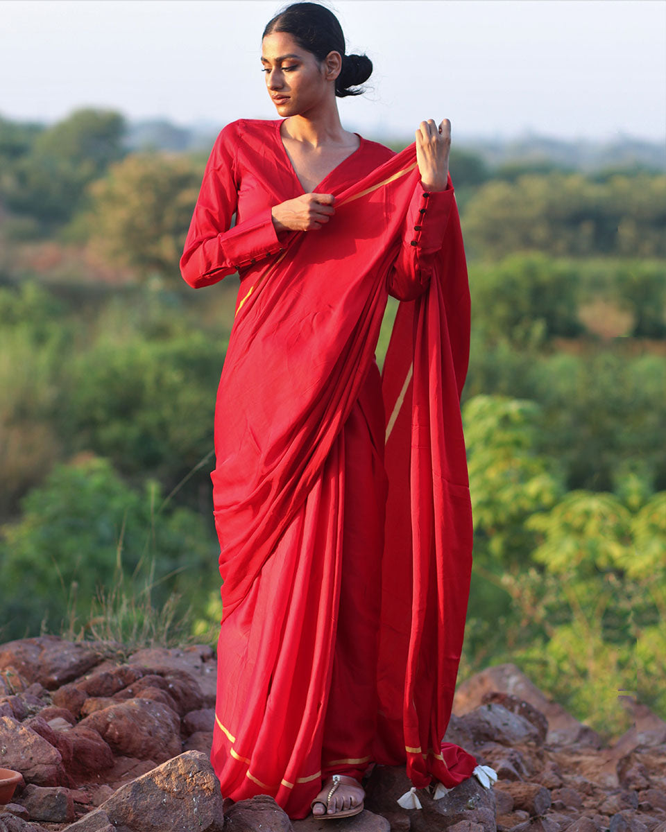 Red Blockprinted Modal Silk Saree - Rang