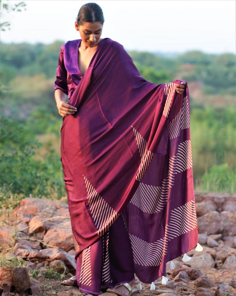 Purple Blockprinted Modal Silk Saree - Rang