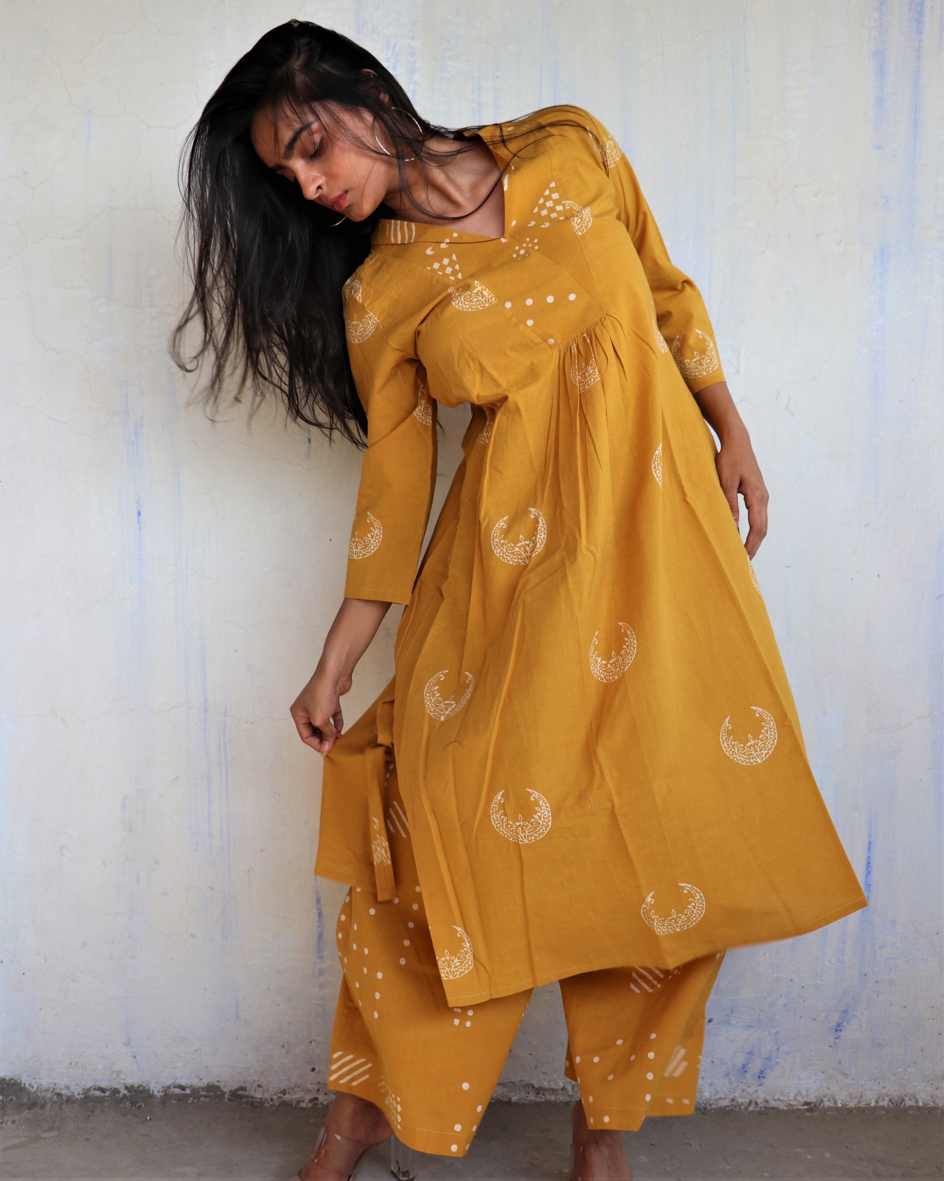 Ochre Essence Moon Block Printed Cotton Kurta - LD