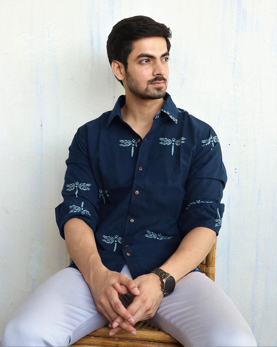 handblockprinted cotton shirt | Men shirt blue | Chidiyaa