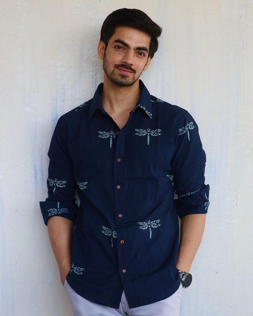 Buy Navy Blue Dragonfly Block-Printed Men's Shirt Men Shirt Design