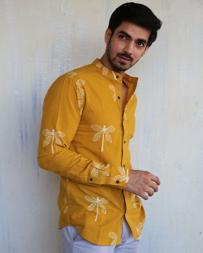 Mustard Dragonfly Block-Printed Men'S Shirt