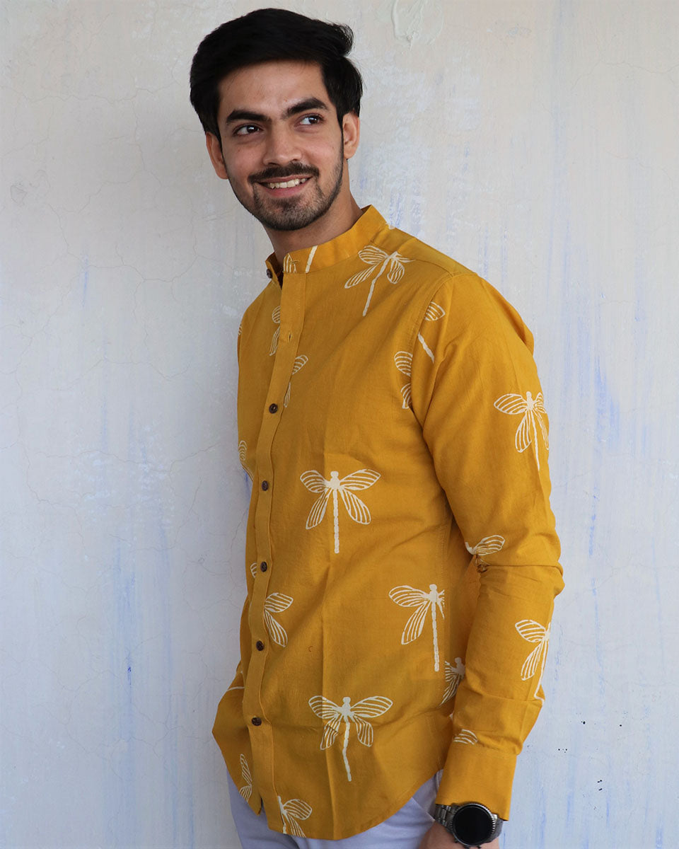 Mustard Dragonfly Block-Printed Men'S Shirt