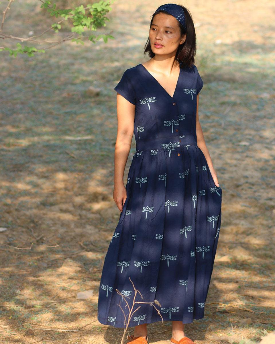 Buy Blue Printed dragonfly cotton dress | Summer clothes S Buy Blue Printed dragonfly cotton dress | Summer clothes S
