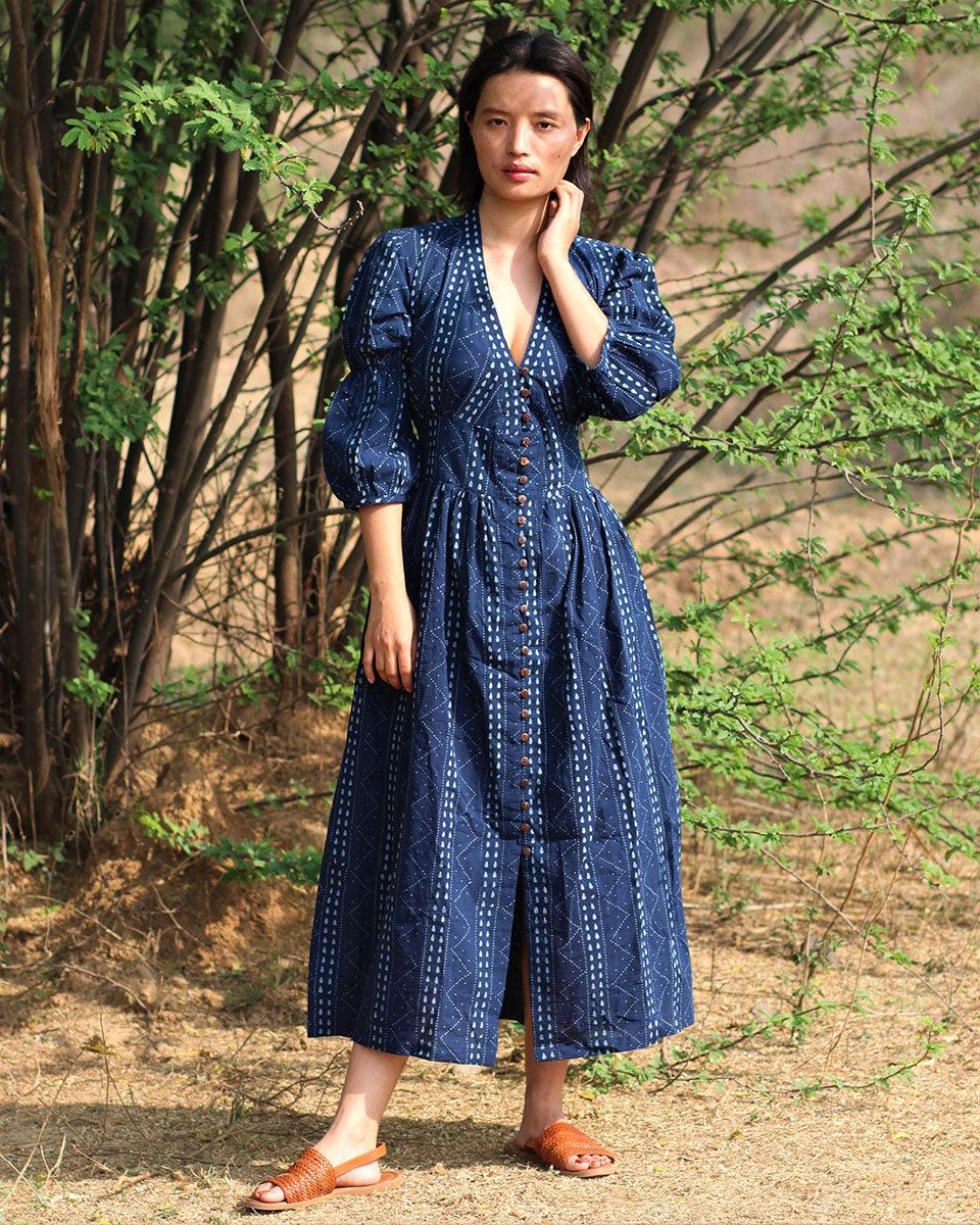 Blue Blockprinted Jal Cotton Dress-Moh