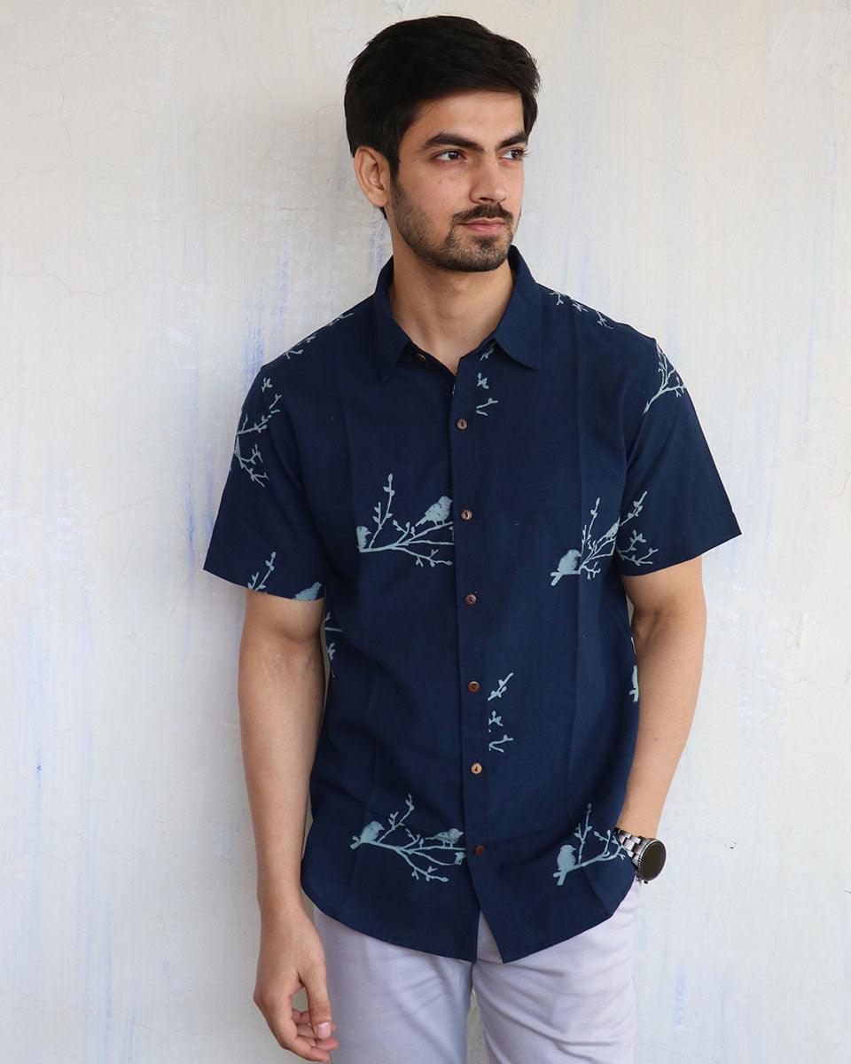 Buy Blue Bird On Branch Block Printed Men'S Shirt Men shirt