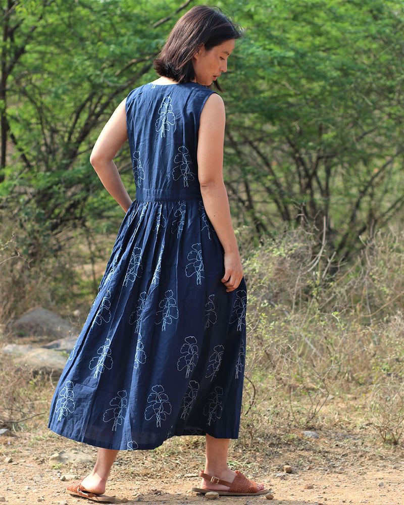 Blue Blockprinted Cotton Dress-Moh