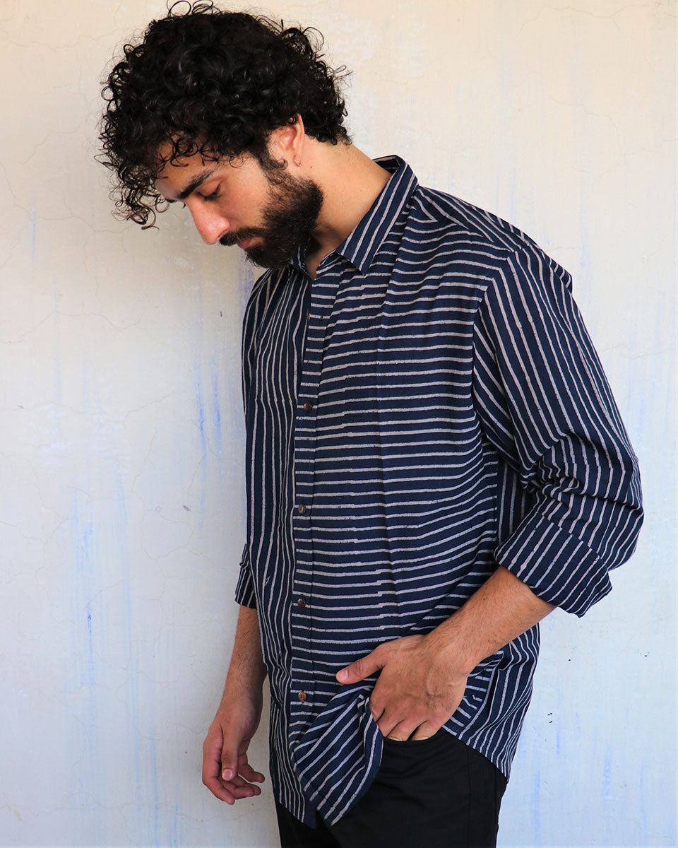 Navy Mismatched Stripes Blockprinted Men'S Shirt