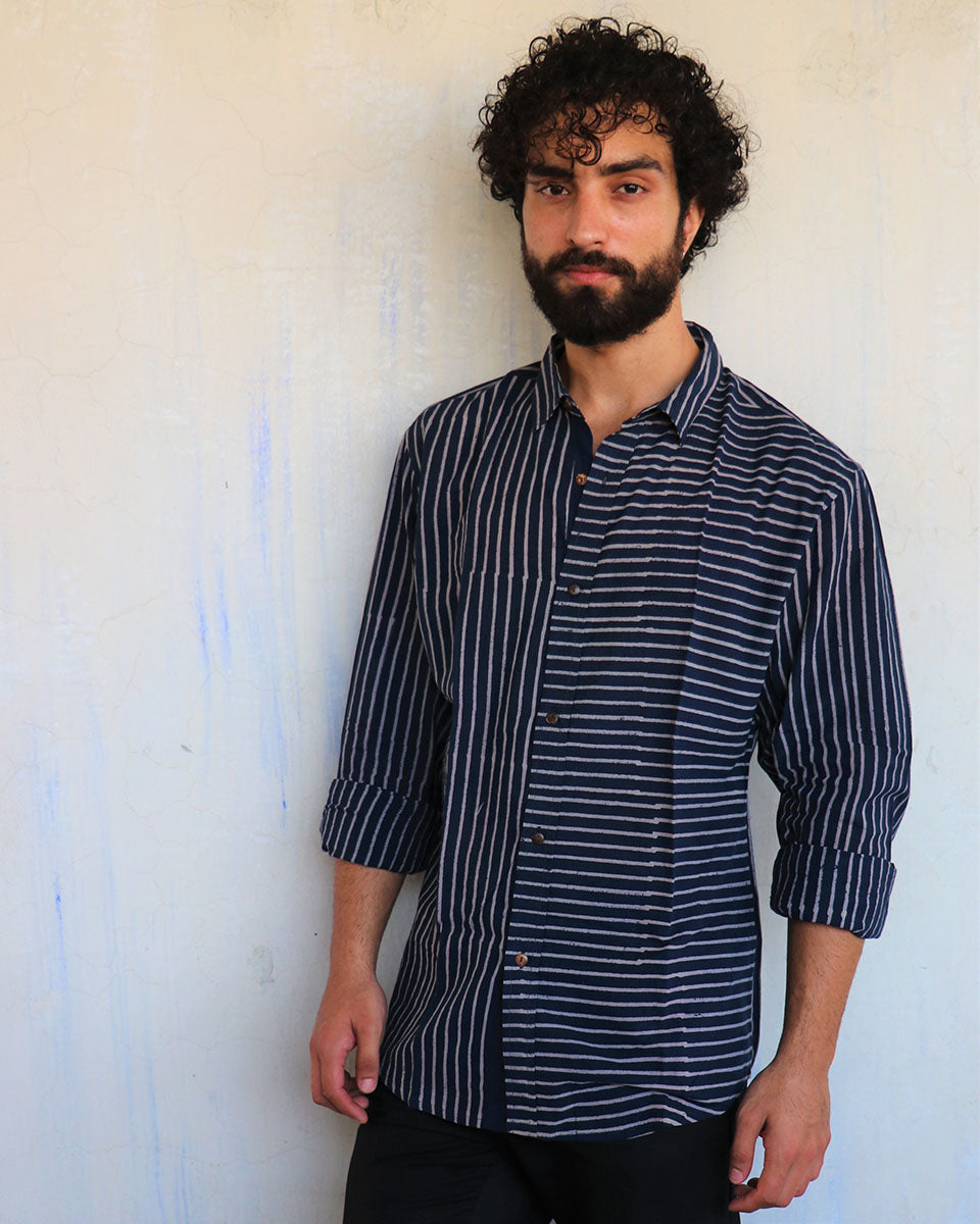 Navy Mismatched Stripes Blockprinted Men'S Shirt