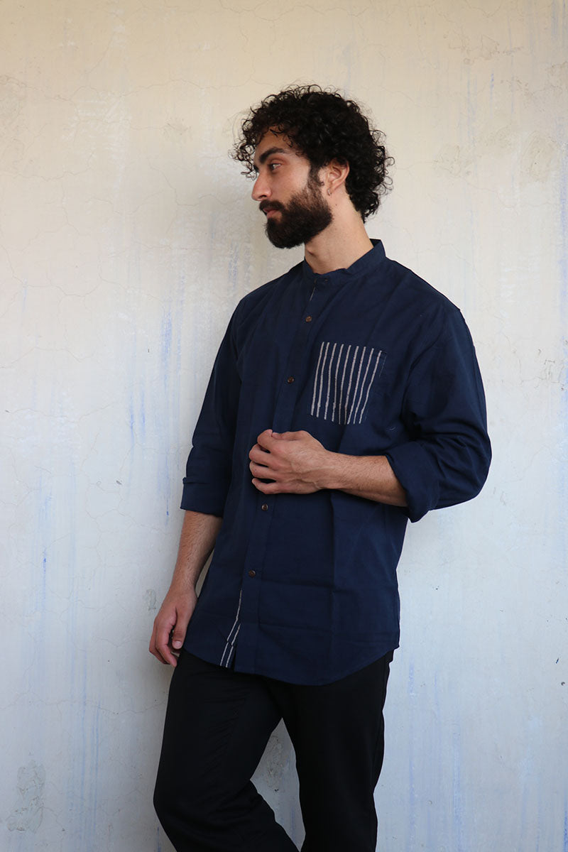 Navy Pocket Stripes Blockprinted Men'S Shirt
