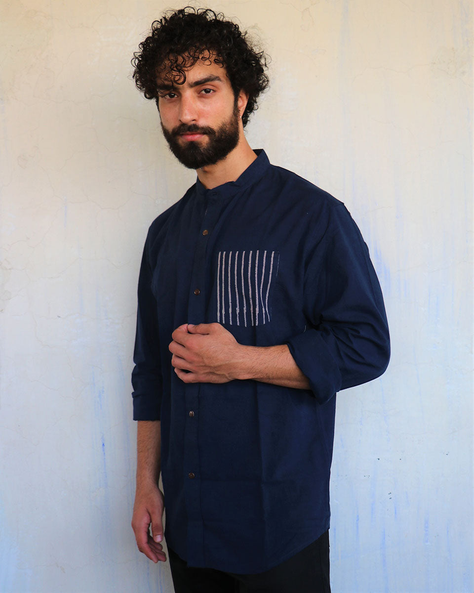 Navy Pocket Stripes Blockprinted Men'S Shirt