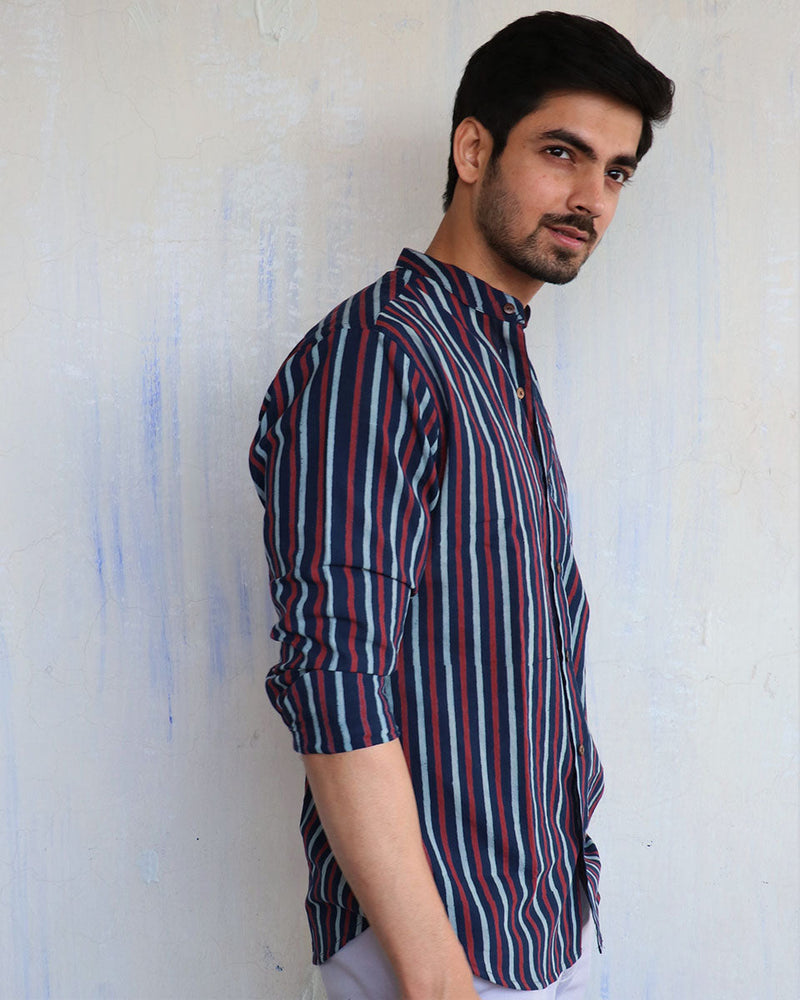 Blue Stripe Block-Printed Men'S Shirt