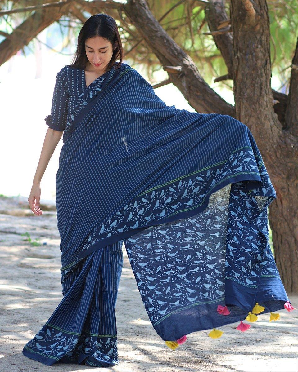 Blue Bird Hand Blockprinted Cotton Saree - Main Image