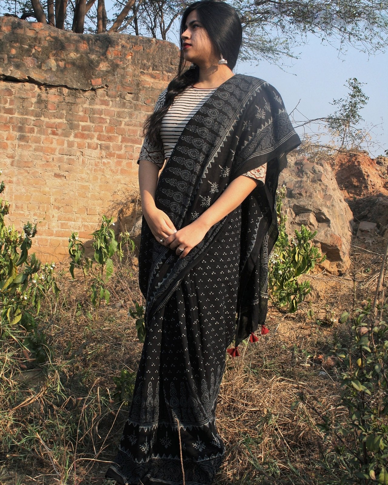 Black Block Printed Cotton Mul Saree