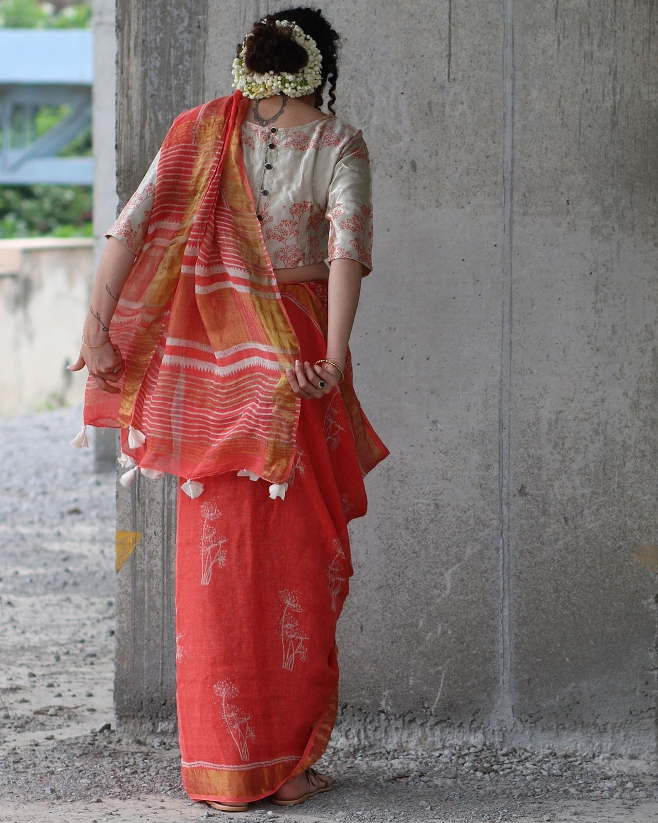 Coral Block Printed Saree Pure Handwoven Linen