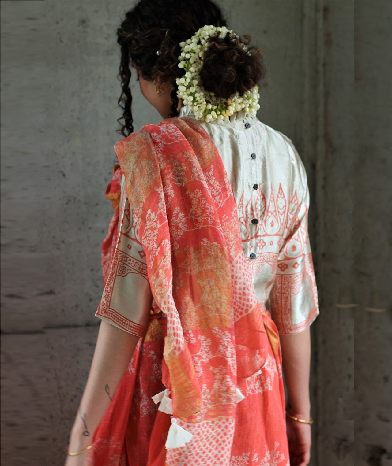 Coral Block Printed Saree Pure Handwoven Linen