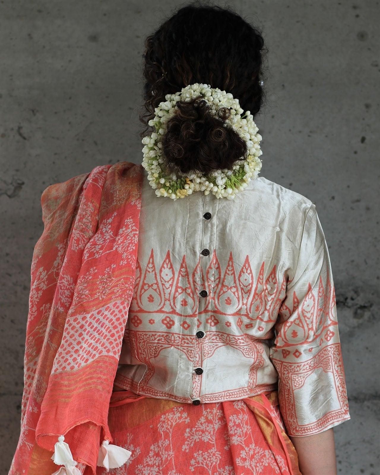 Coral Ivory Back Crop Top Blouse With Frill Neck In Mashru Silk