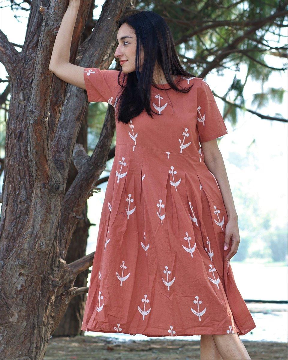 Peach Block Print Cotton Pleated Dress | Everyday Wear Peach Block Print Cotton Pleated Dress | Everyday Wear