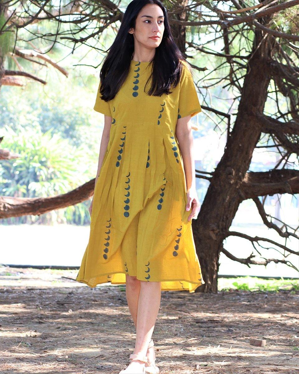 Yellow Eclipse Blockprinted Cotton Pleated Dress