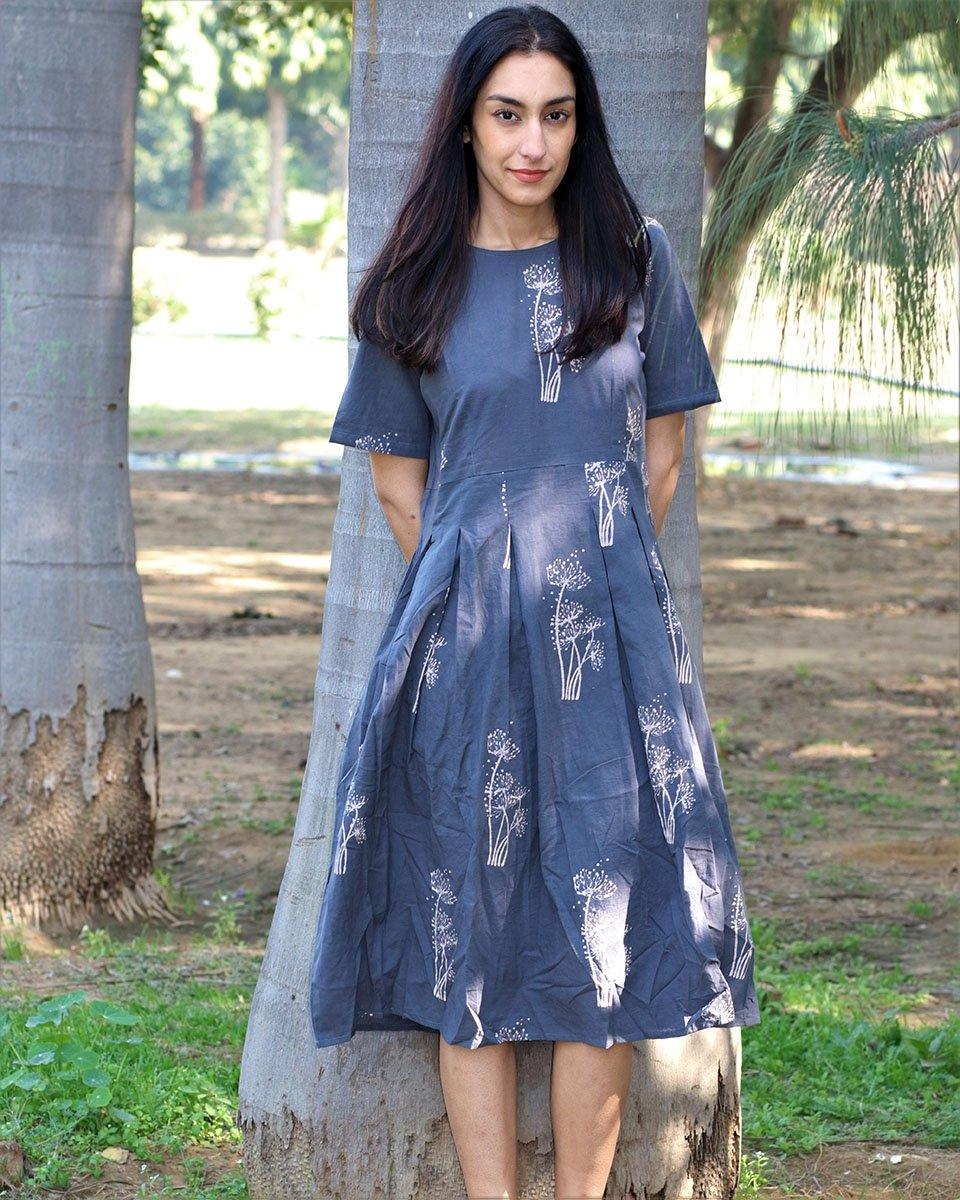 Grey Wildflower Block Print Cotton Pleated Dress | Sustainable Wear Grey Wildflower Block Print Cotton Pleated Dress | Sustainable Wear
