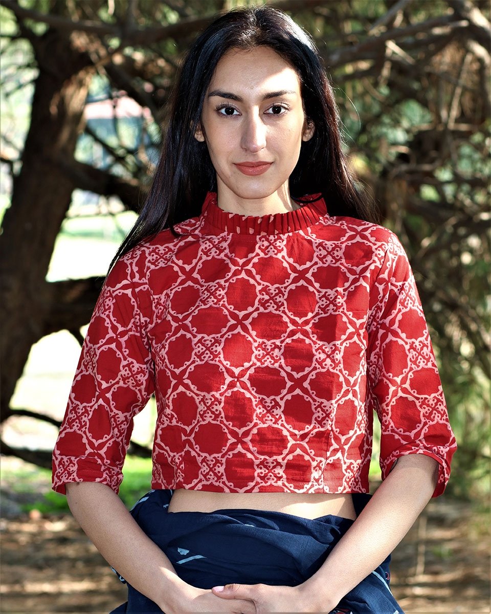 Maroon Block Printed Cotton Crop Top Blouse With Frills Blouse