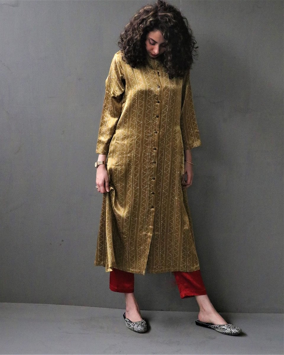 mashru silk dress Mustard Yellow Mashru Silk/ Gajji Silk Pleated Dress- Lobha Deepthis