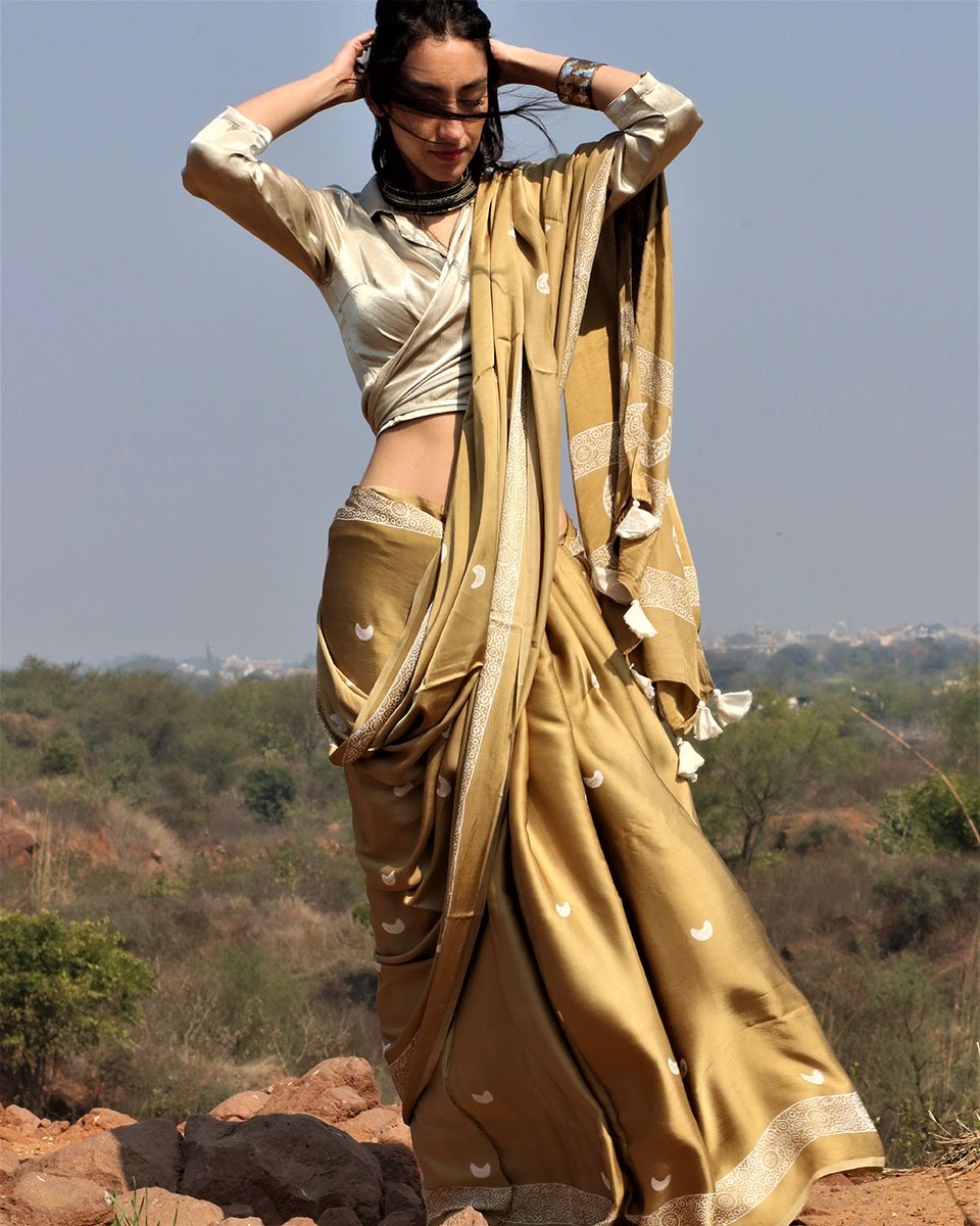 Olive Moon Blockprinted Modal Silk Saree