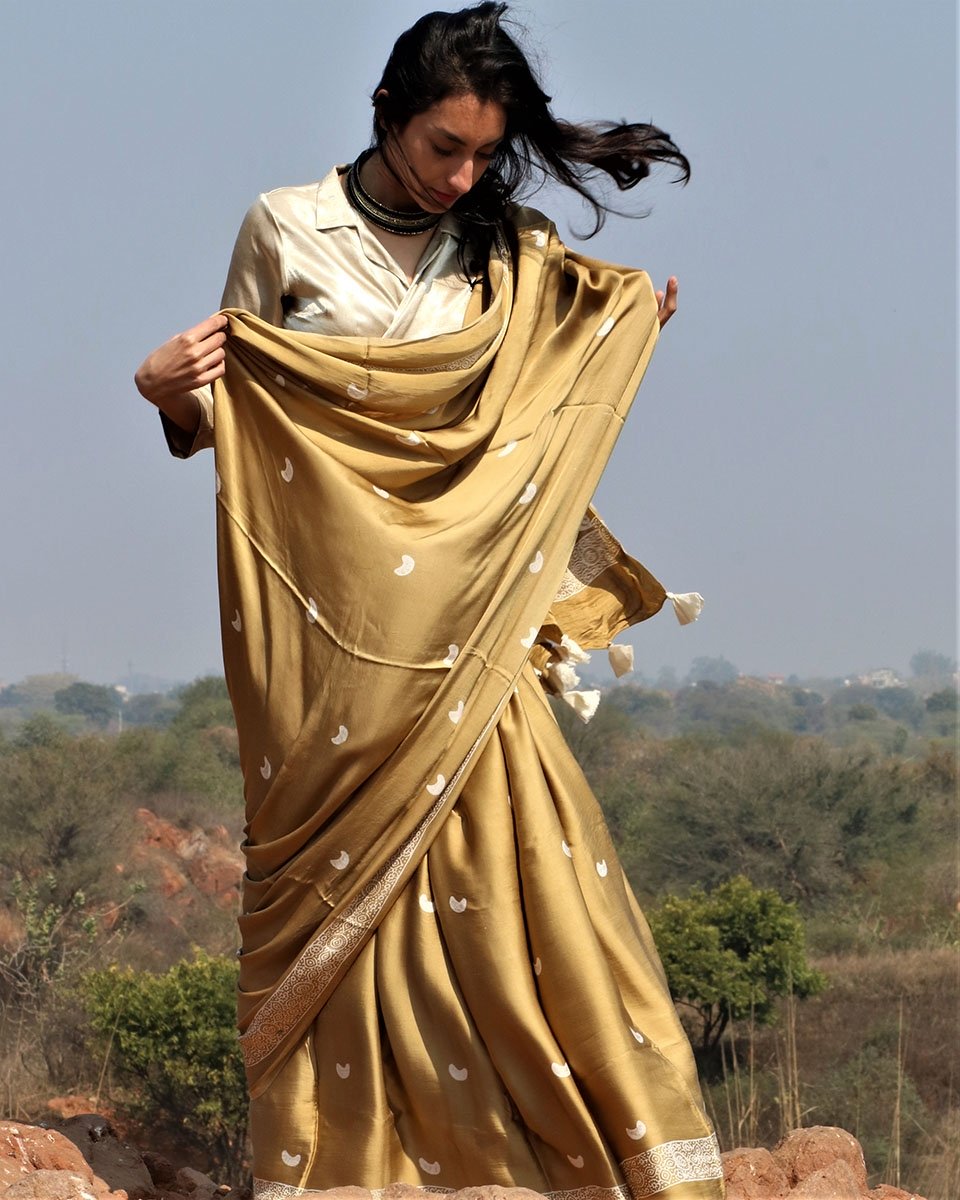 Olive Moon Blockprinted Modal Silk Saree